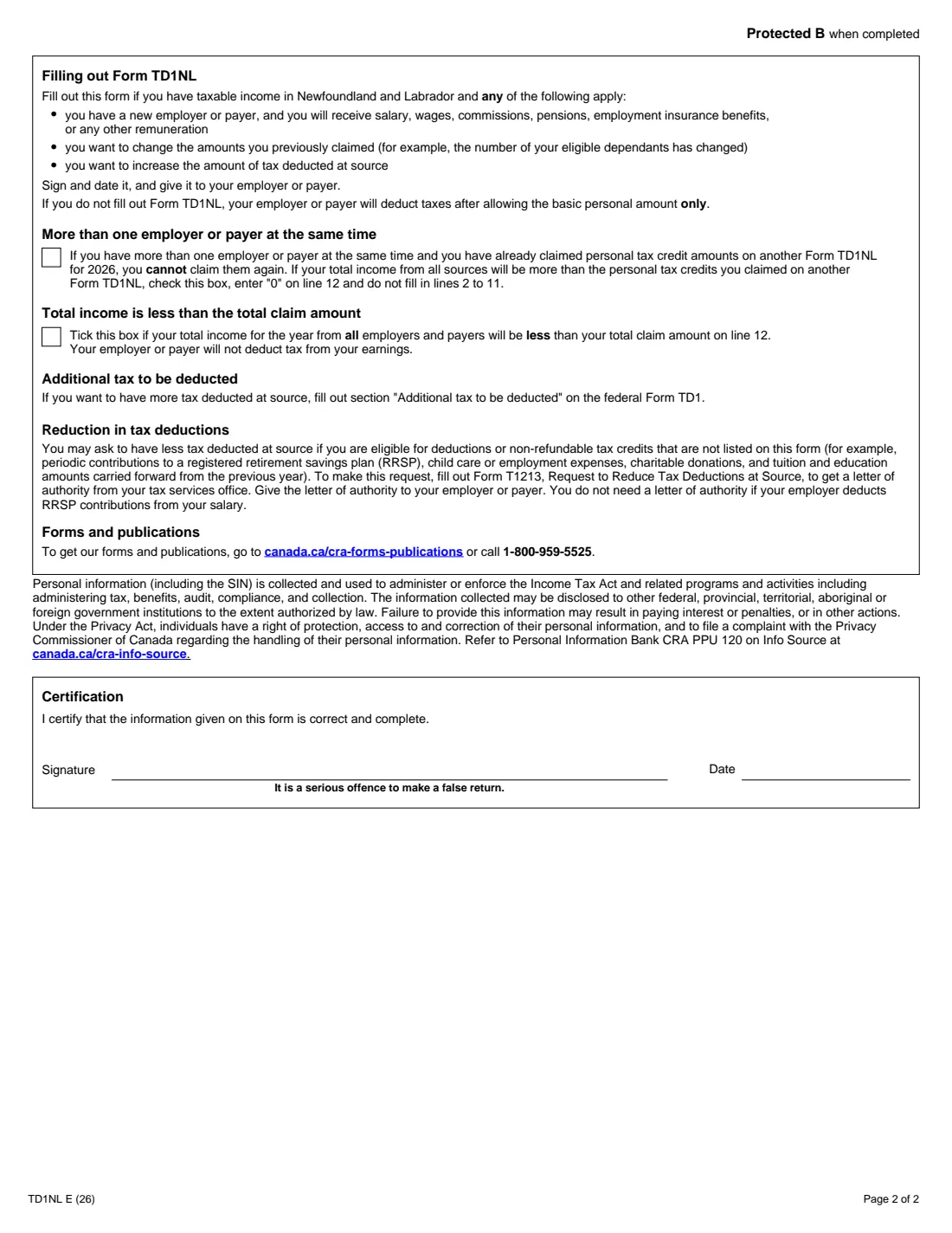 Form TD1NL (2026) 2026 Newfoundland and Labrador Personal Tax Credits Return — page 2 of 2