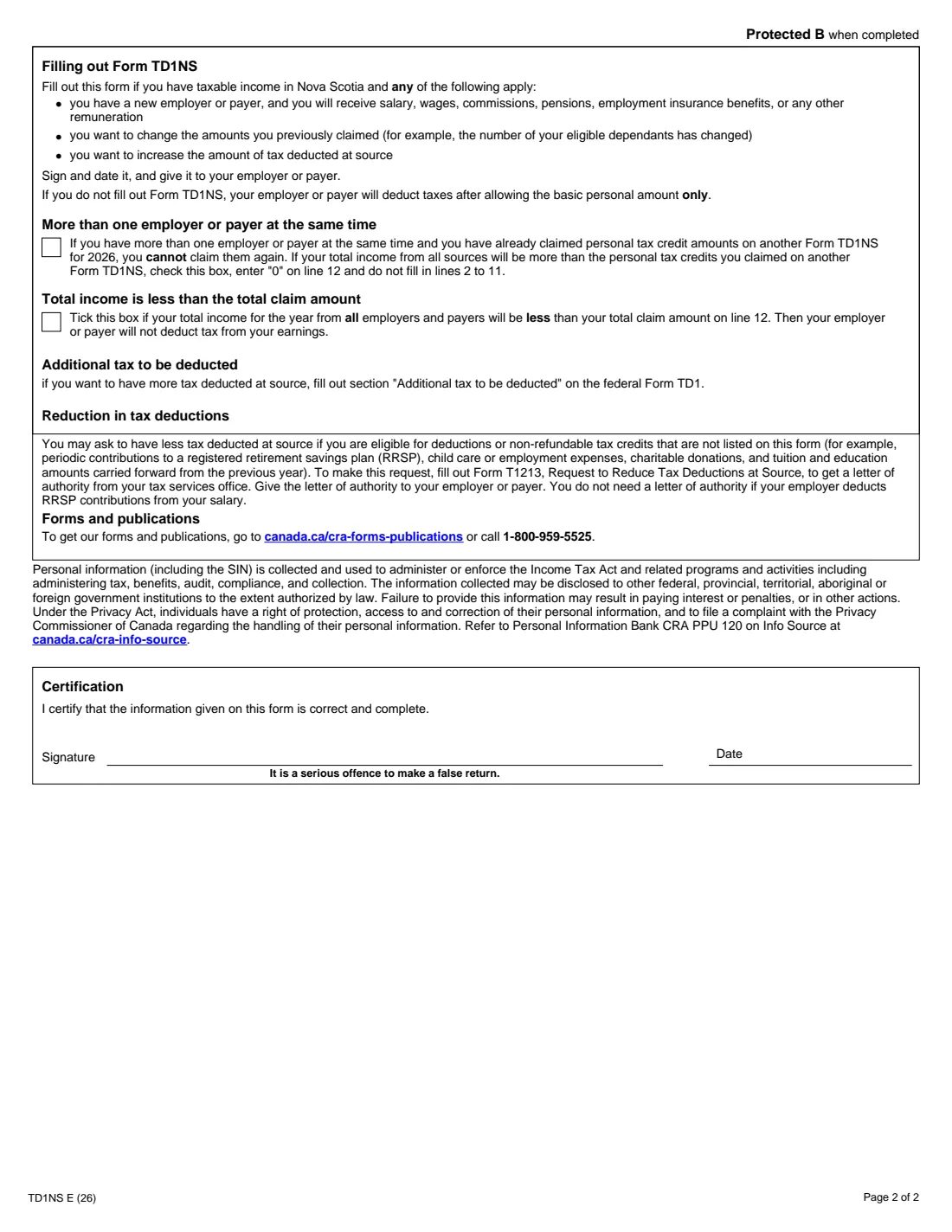 Form TD1NS (2026) 2026 Nova Scotia Personal Tax Credits Return — page 2 of 2