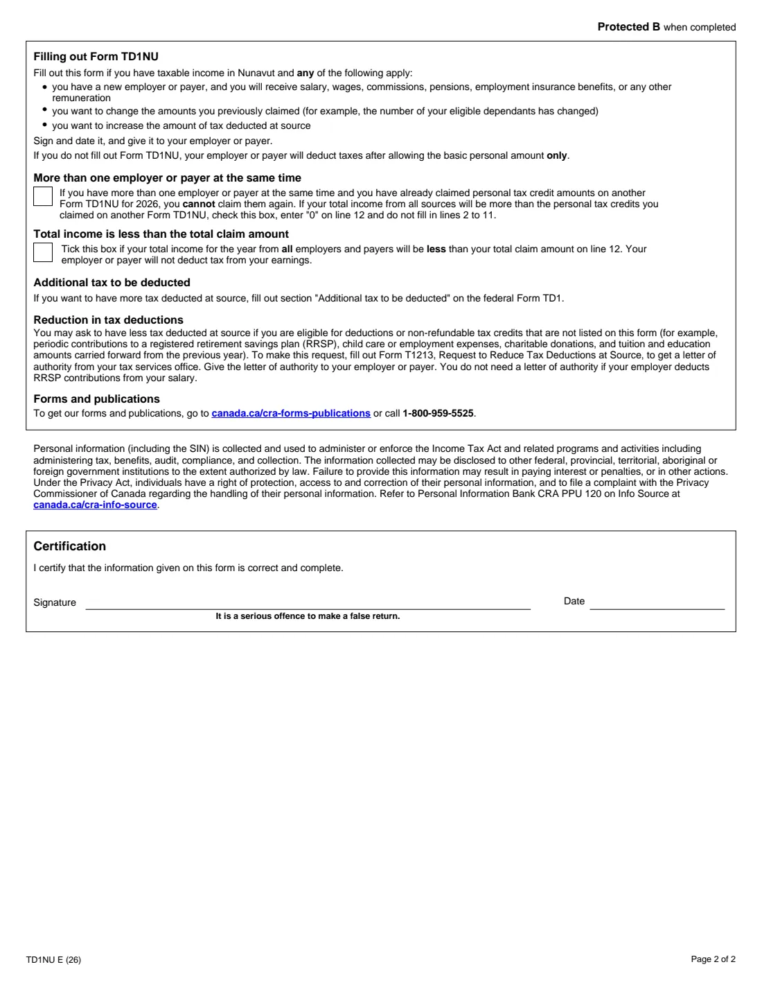 Form TD1NU (2026) 2026 Nunavut Personal Tax Credits Return — page 2 of 2