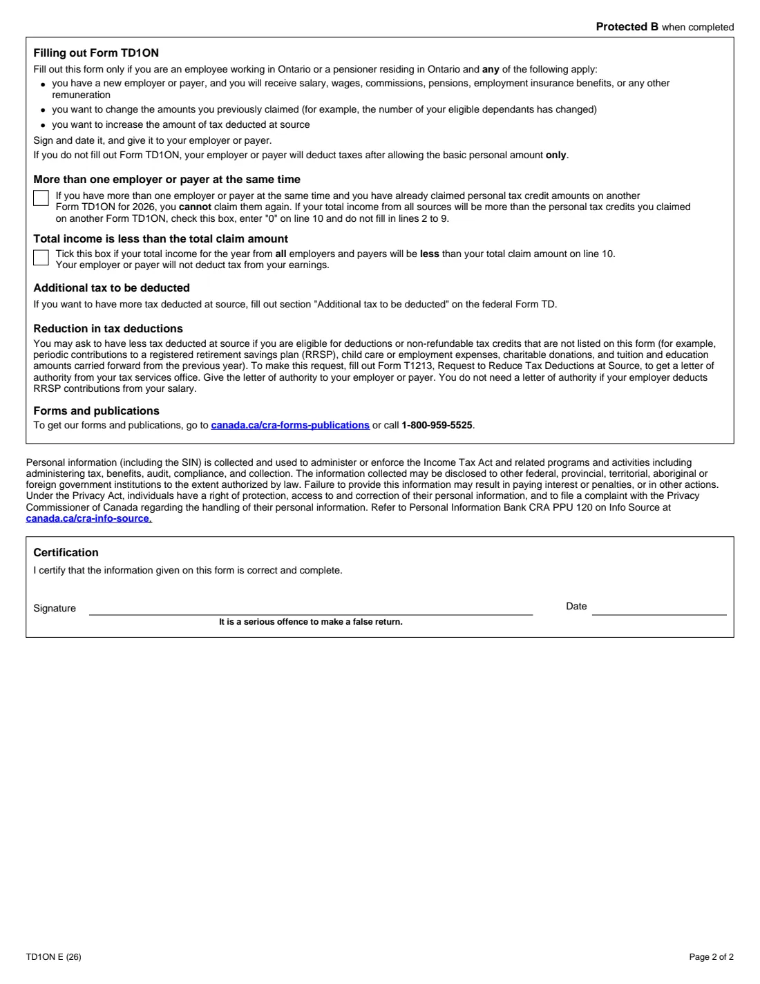 Form TD1ON (2026) 2026 Ontario Personal Tax Credits Return — page 2 of 2