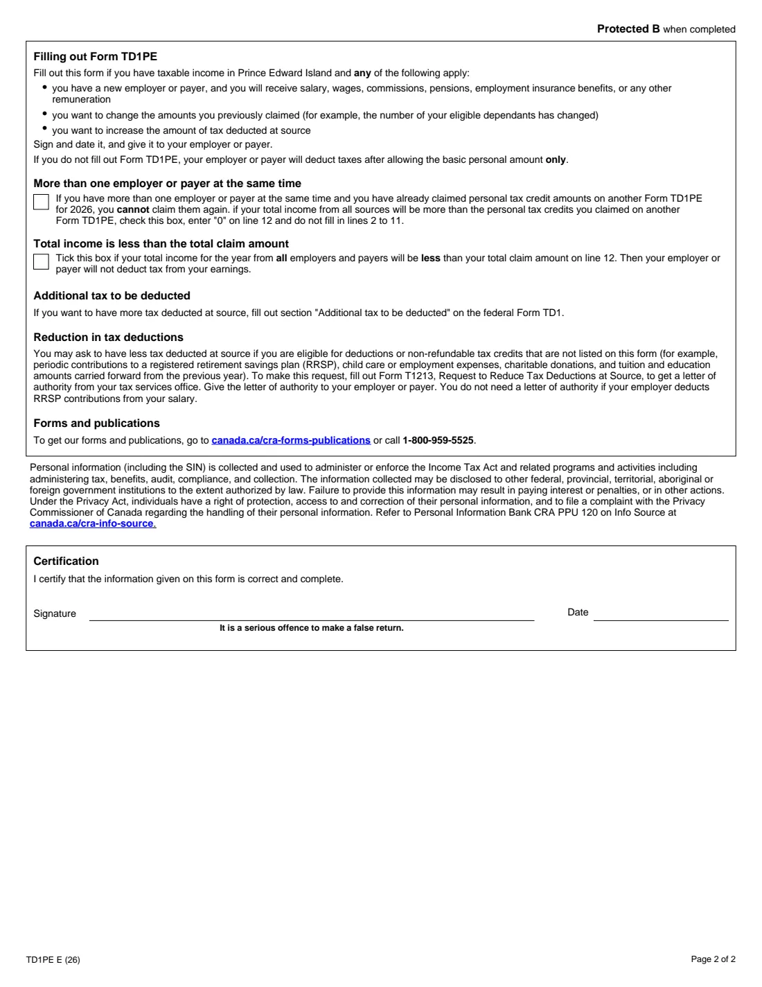 Form TD1PE (2026) 2026 Prince Edward Island Personal Tax Credits Return — page 2 of 2