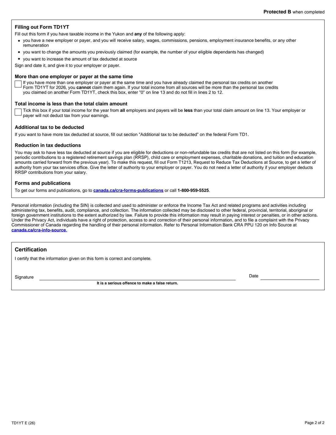 Form TD1YT (2026) 2026 Yukon Personal Tax Credits Return — page 2 of 2