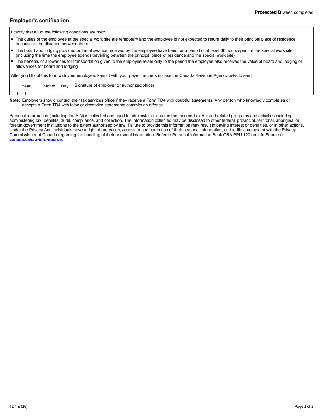 Form TD4 (2026) Declaration of Exemption – Employment at a Special Work Site — page 2 of 2