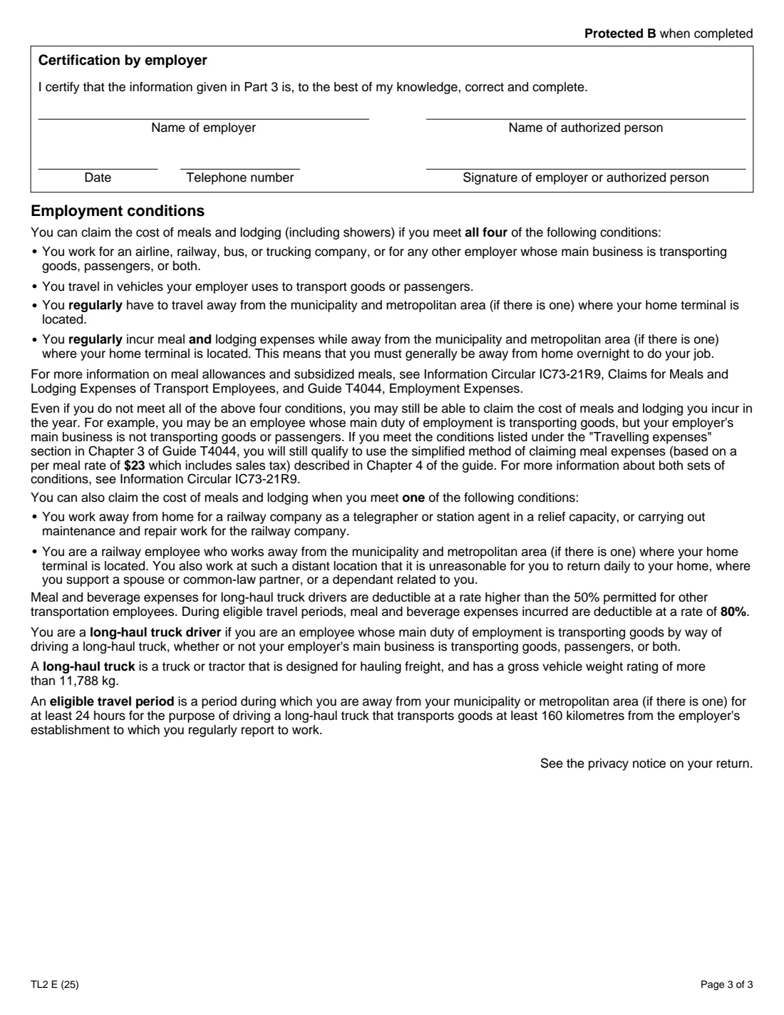 Form TL2 (2025) Claim for Meals and Lodging Expenses — page 3 of 3