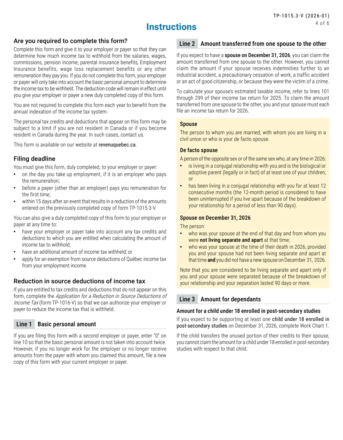 Form TP-1015.3-V (2026) Source Deductions Return (TP-1015.3-V) — page 4 of 6