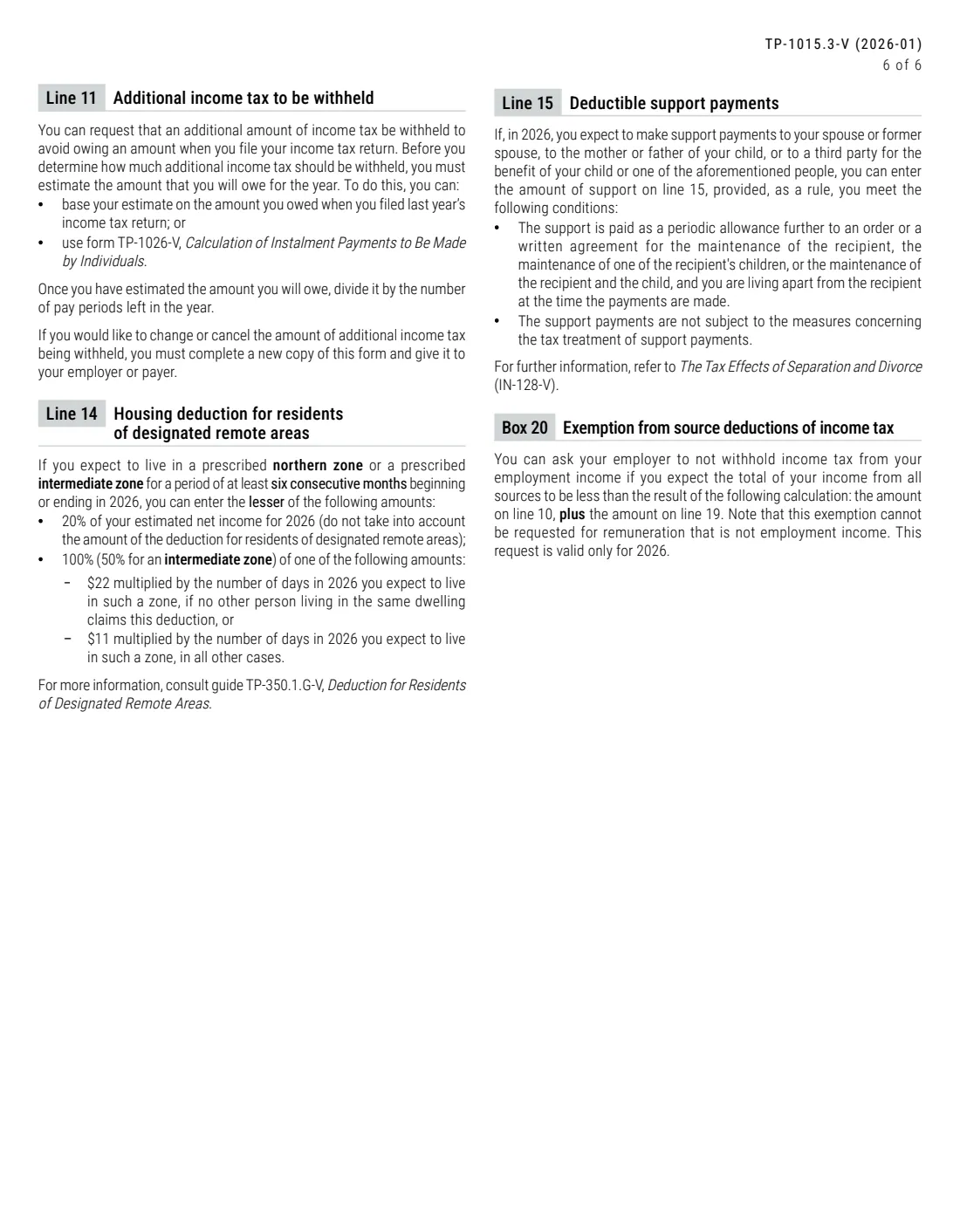 Form TP-1015.3-V (2026) Source Deductions Return (TP-1015.3-V) — page 6 of 6