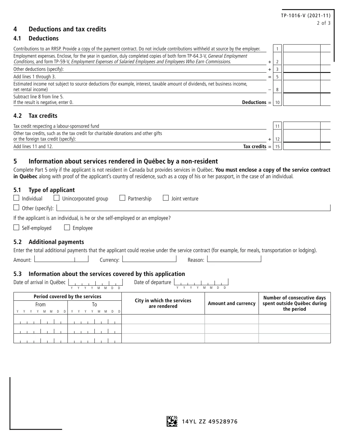 Form TP-1016-V (2021) Application for a Reduction in Source Deductions of Income Tax (Quebec) — page 2 of 3