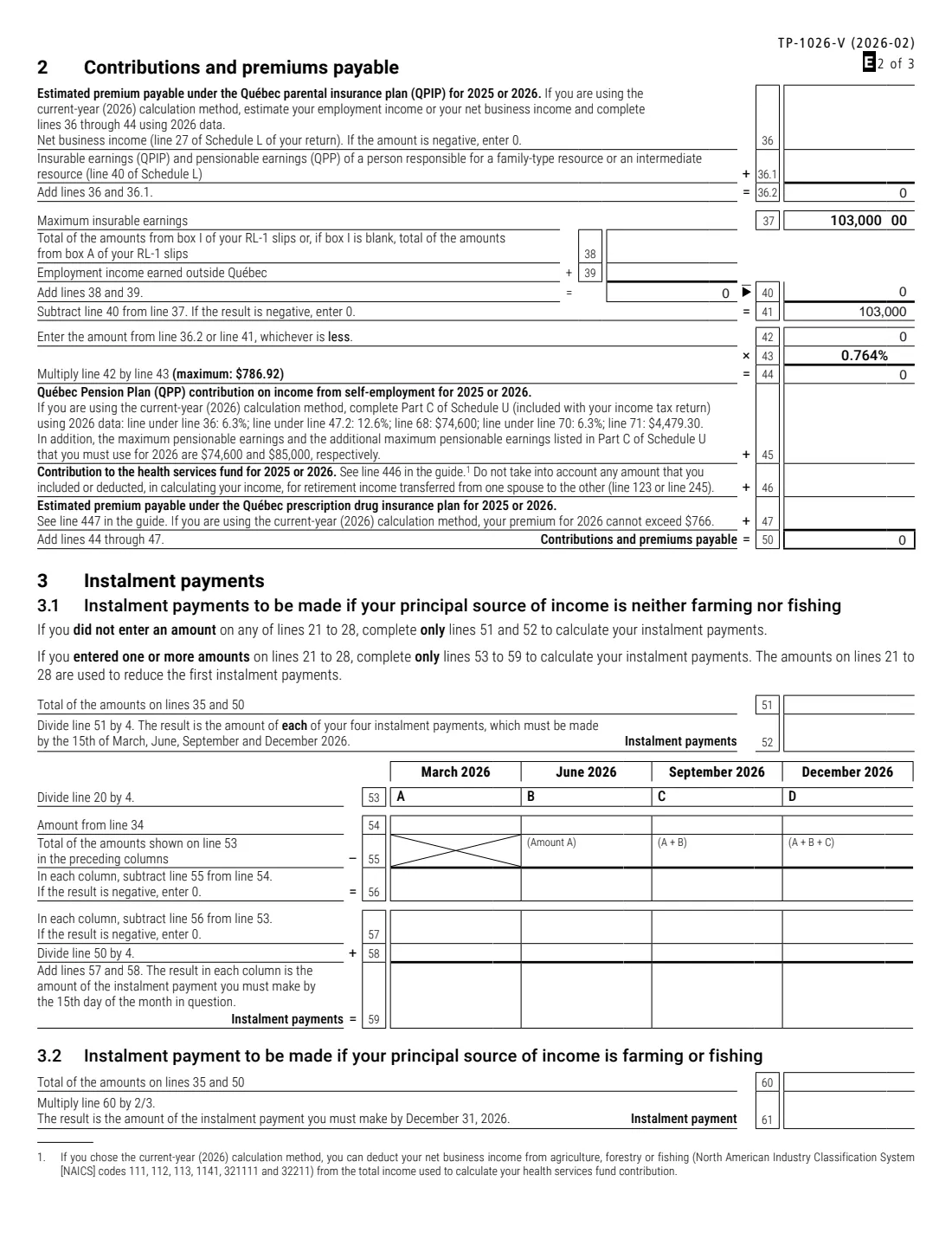 Form TP-1026-V (2026) Calculation of Instalment Payments to Be Made by Individuals - 2026 (Quebec) — page 2 of 3