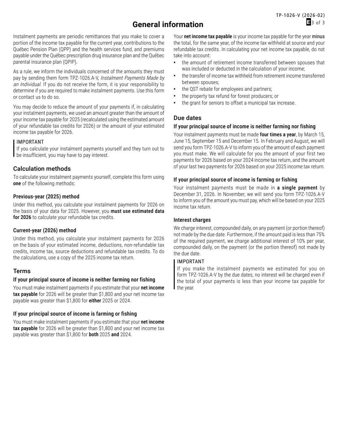 Form TP-1026-V (2026) Calculation of Instalment Payments to Be Made by Individuals - 2026 (Quebec) — page 3 of 3