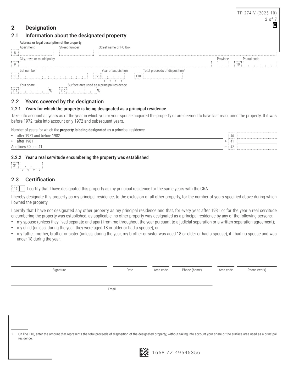 Form TP-274-V (2025) Designating a Property as a Principal Residence (Quebec) — page 2 of 7