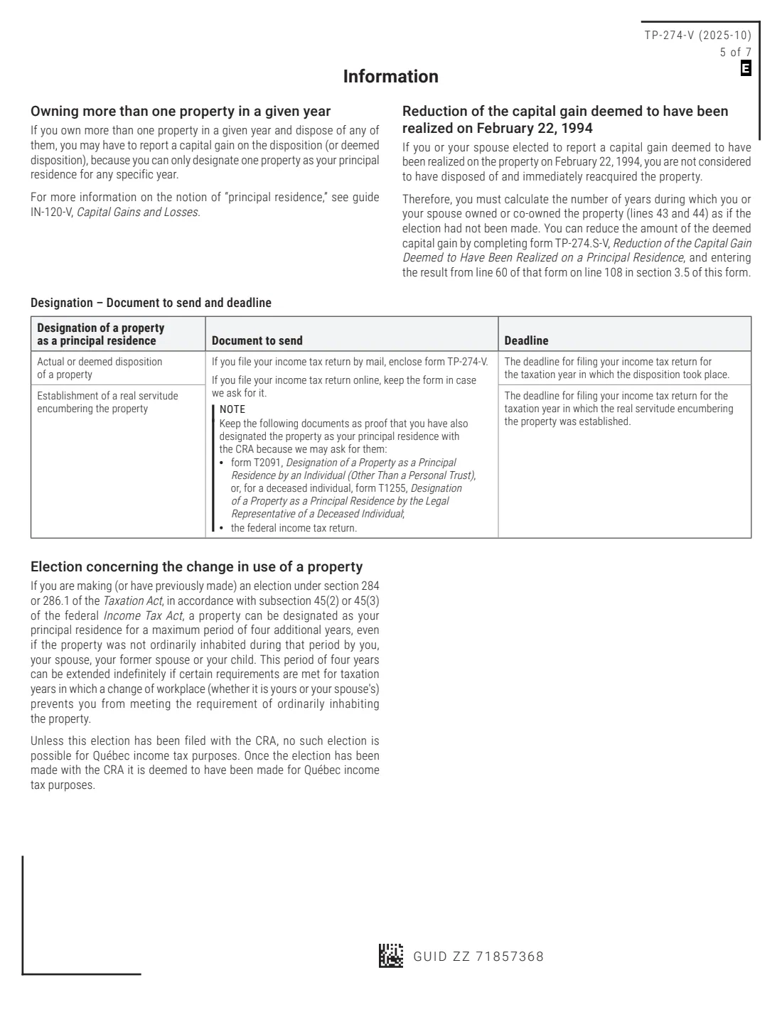 Form TP-274-V (2025) Designating a Property as a Principal Residence (Quebec) — page 5 of 7