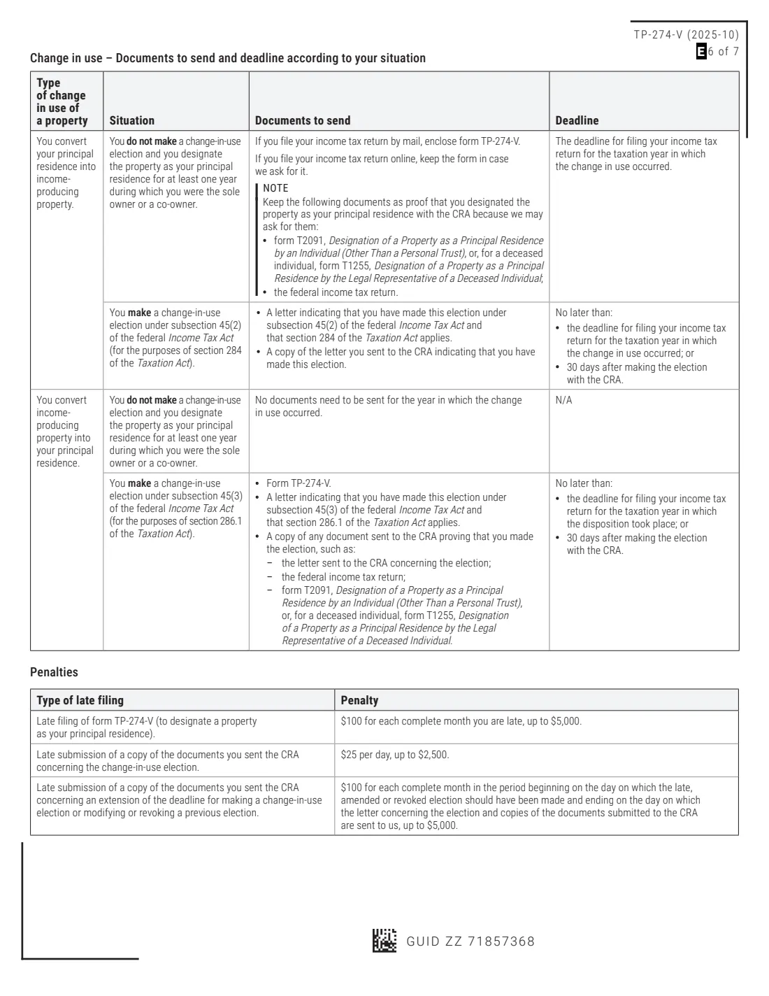 Form TP-274-V (2025) Designating a Property as a Principal Residence (Quebec) — page 6 of 7