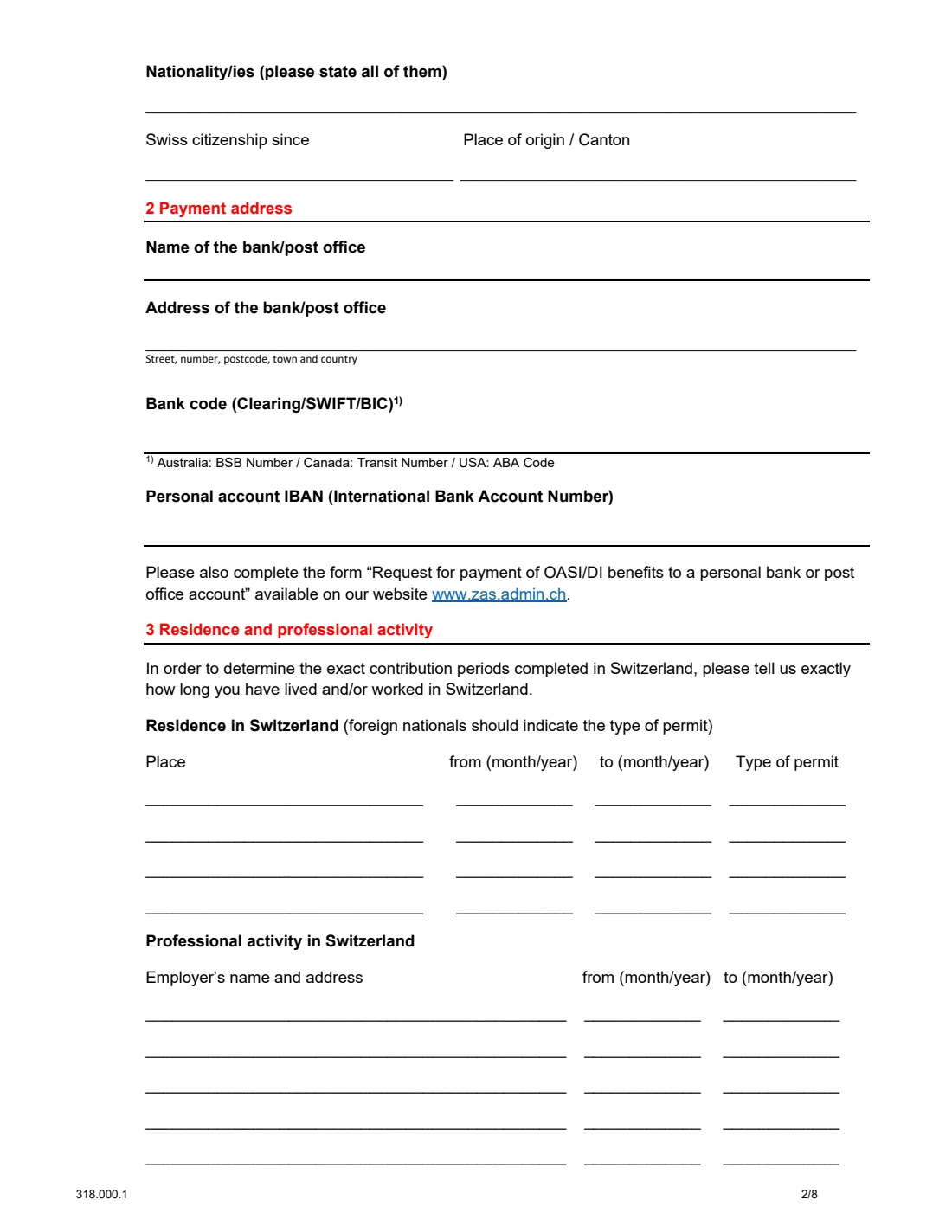 Form 318.000.1 old-age pension abroad (2023) Application for an old-age pension for persons residing outside Switzerland — page 2 of 8
