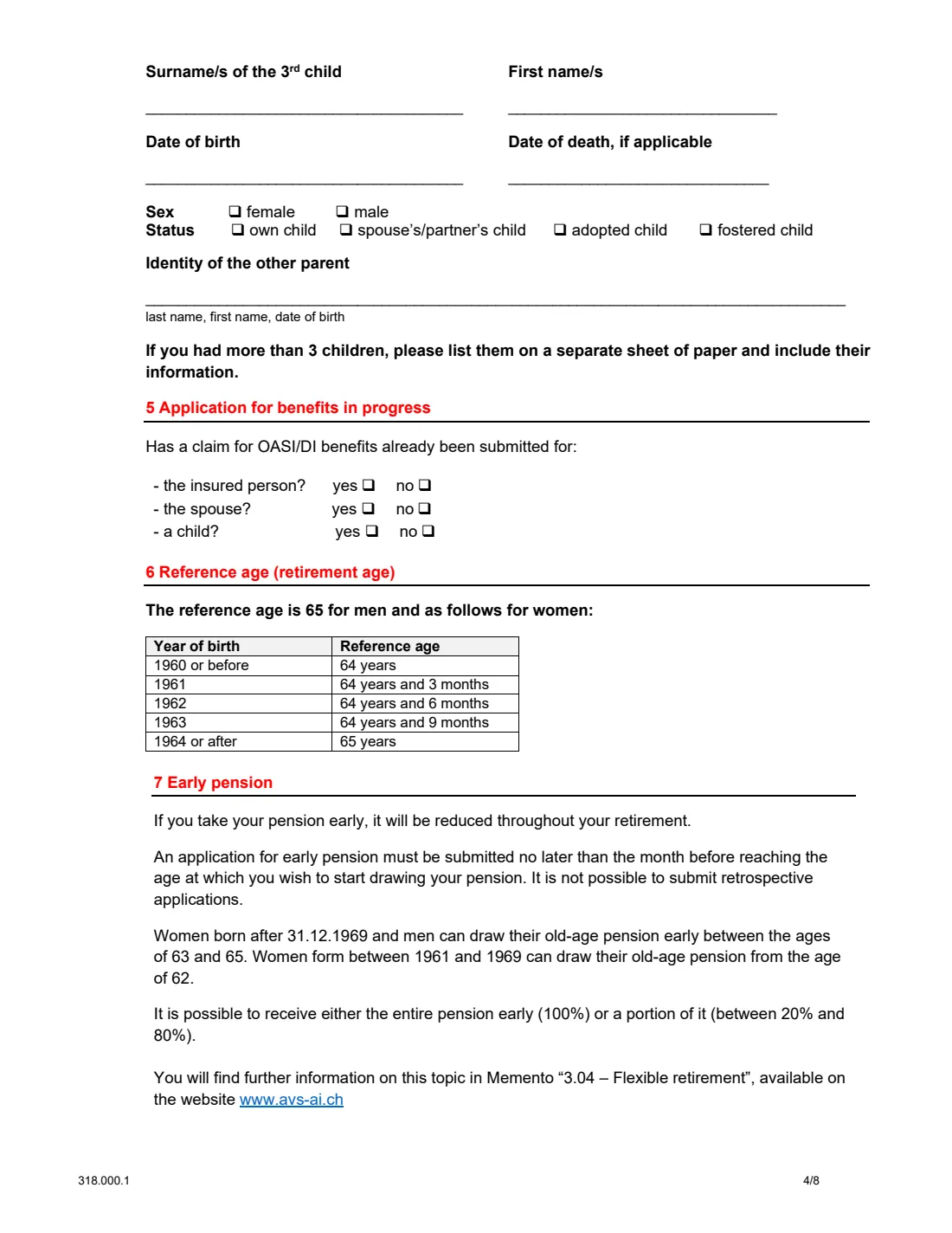 Form 318.000.1 old-age pension abroad (2023) Application for an old-age pension for persons residing outside Switzerland — page 4 of 8