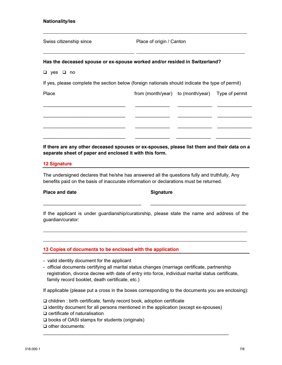 Form 318.000.1 old-age pension abroad (2023) Application for an old-age pension for persons residing outside Switzerland — page 7 of 8