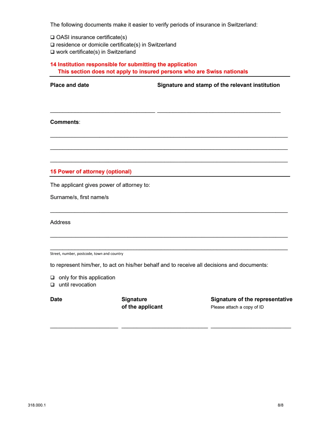 Form 318.000.1 old-age pension abroad (2023) Application for an old-age pension for persons residing outside Switzerland — page 8 of 8