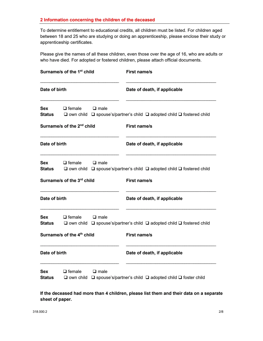 Form 318.000.2 survivor's pension abroad (2023) Application for a survivor's pension for persons residing outside Switzerland (OASI) — page 2 of 8