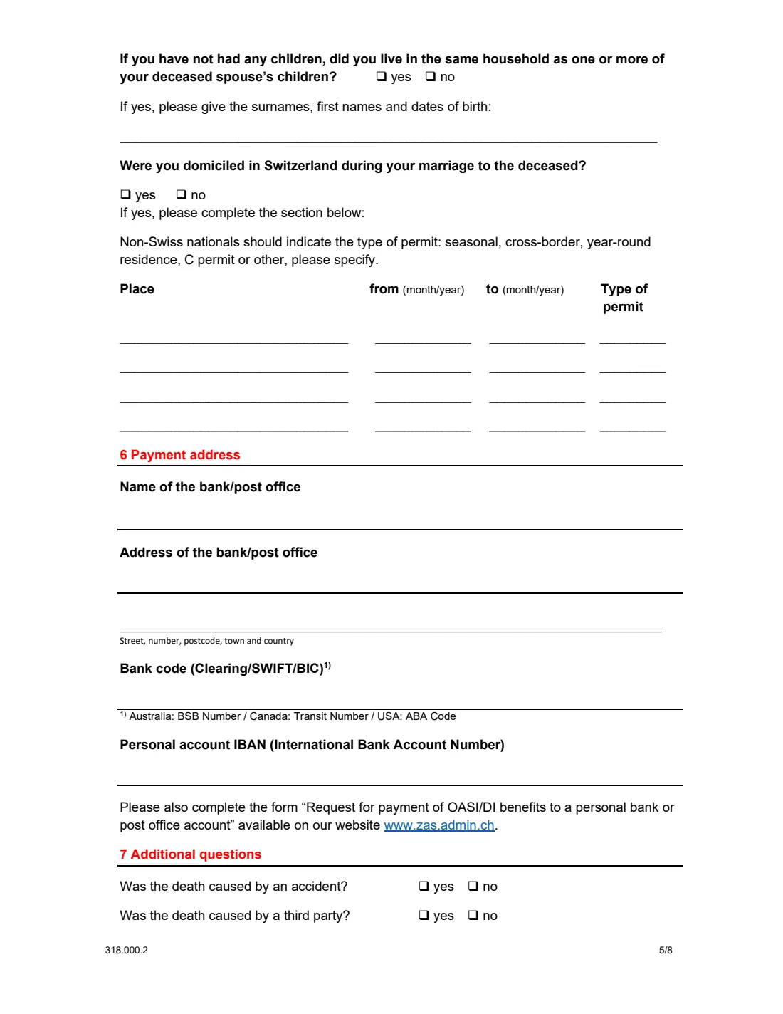 Form 318.000.2 survivor's pension abroad (2023) Application for a survivor's pension for persons residing outside Switzerland (OASI) — page 5 of 8