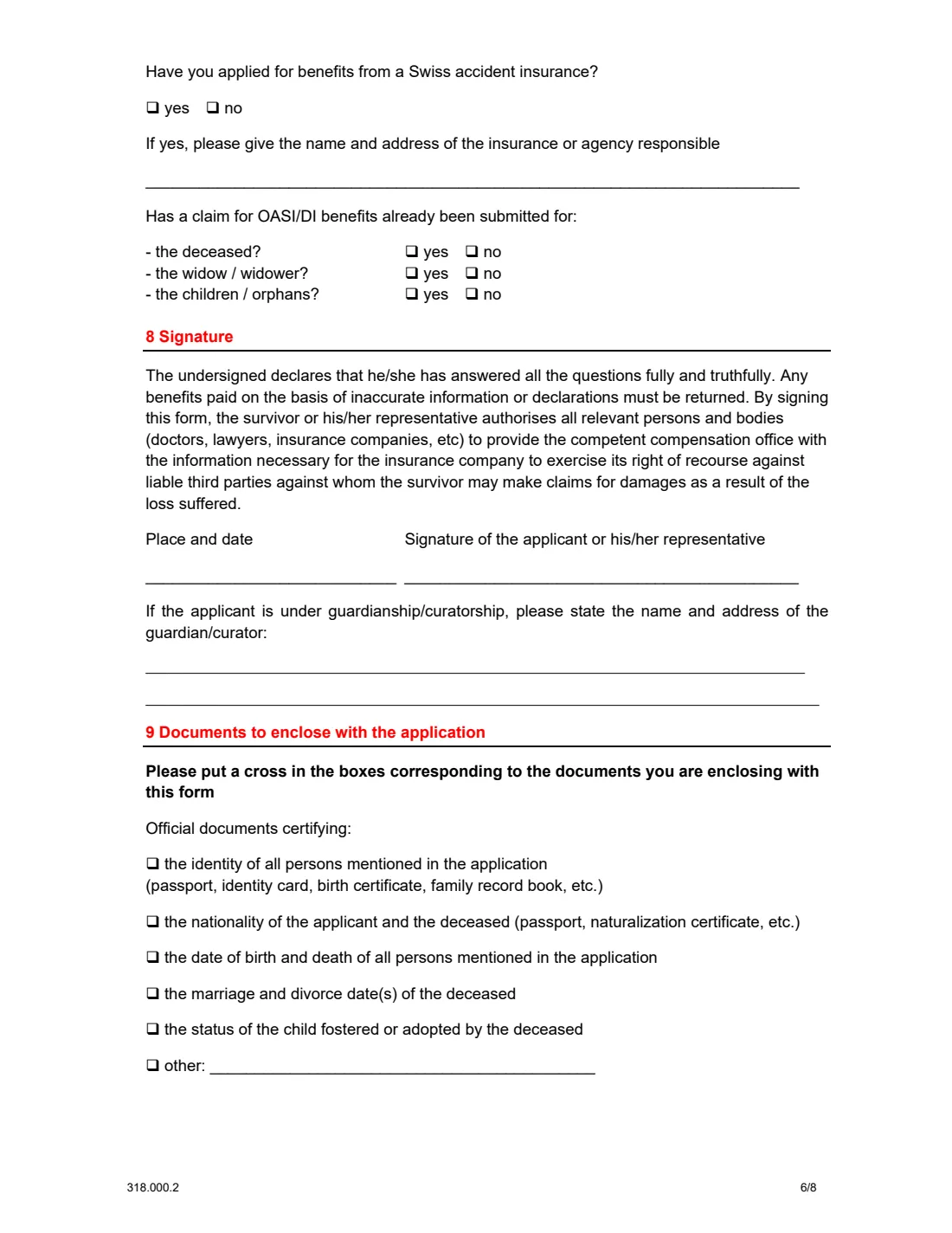 Form 318.000.2 survivor's pension abroad (2023) Application for a survivor's pension for persons residing outside Switzerland (OASI) — page 6 of 8