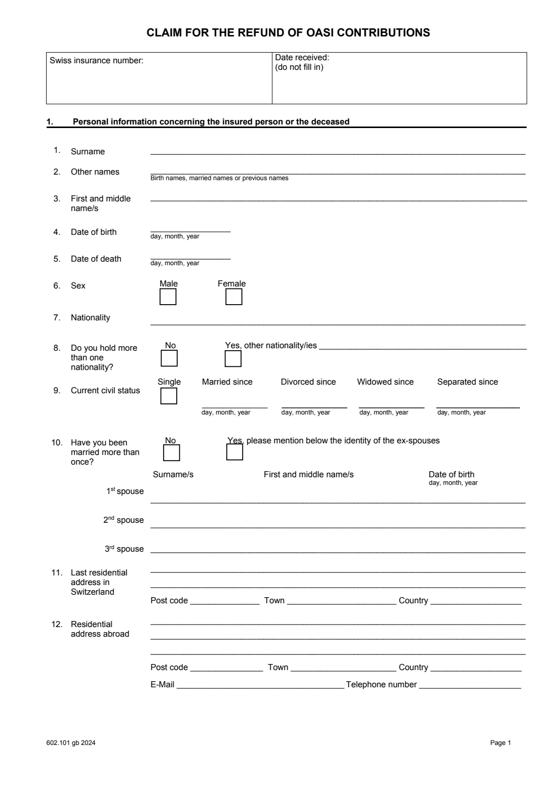 Form 602.101 AHV/AVS refund (2024) Claim for the refund of OASI contributions (AHV/AVS refund) — page 2 of 7