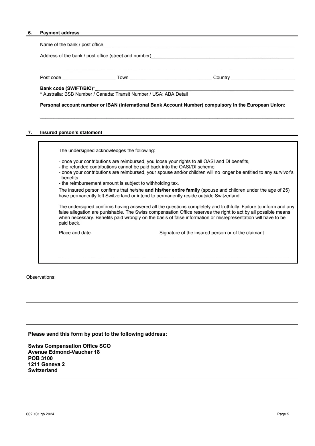 Form 602.101 AHV/AVS refund (2024) Claim for the refund of OASI contributions (AHV/AVS refund) — page 6 of 7