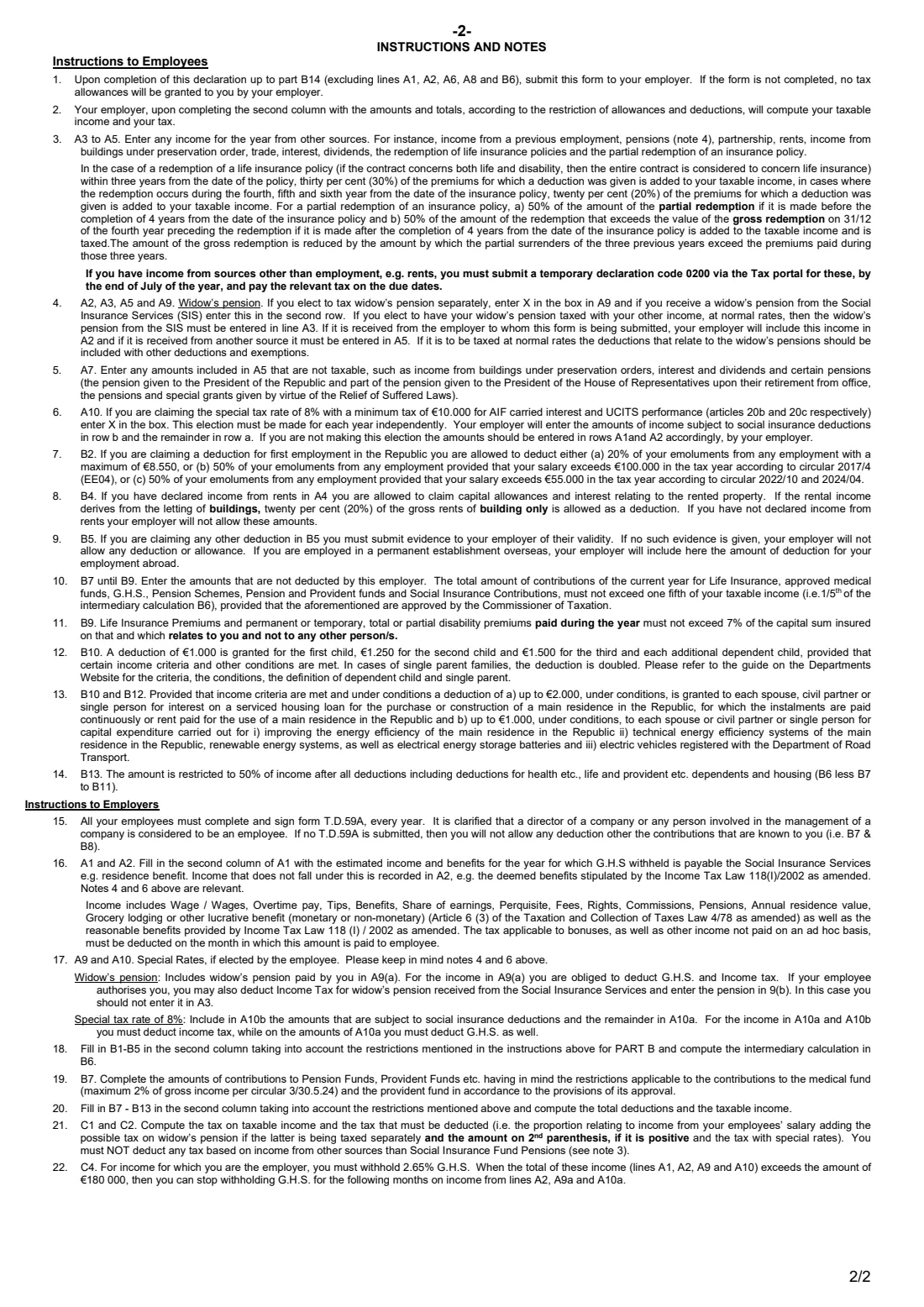 T.D.59A (IR59) 2026 – employee's tax deduction claim (2026) Declaration for Claiming Tax Deductions for the Tax Year 2026 – Income Tax (Form T.D.59A) — page 2 of 2