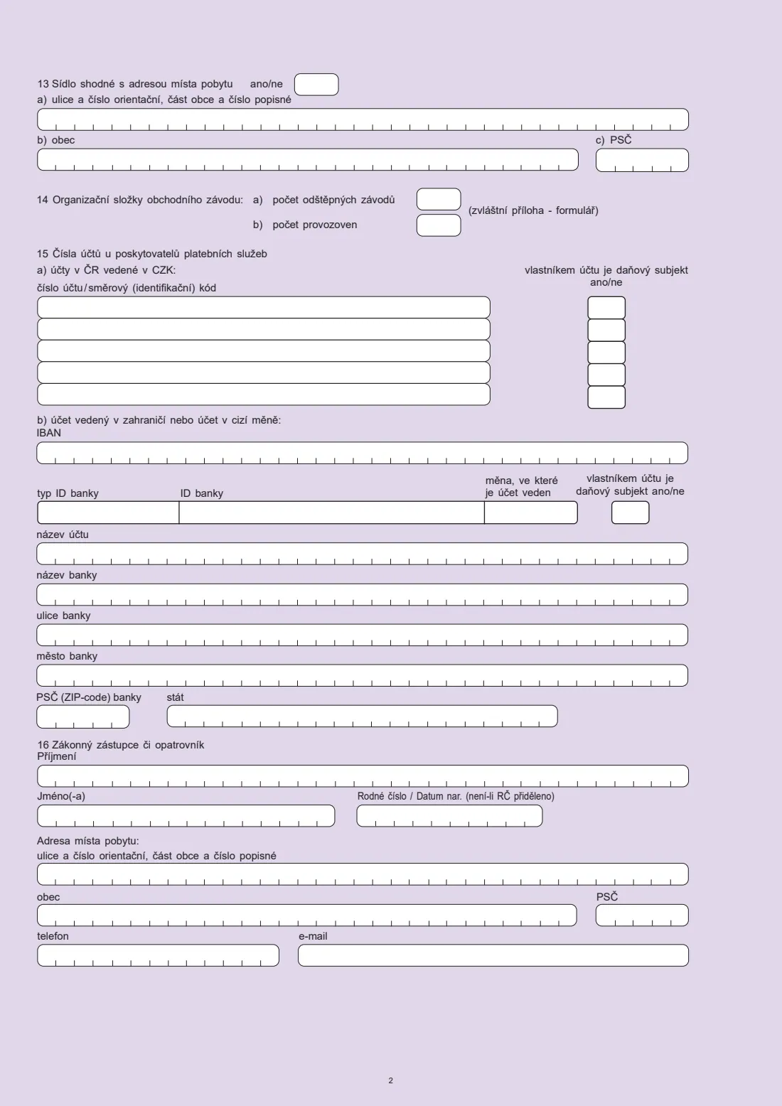 Přihláška k registraci pro fyzické osoby (25 5101) (2026) Registration application for individuals as a payer of tax (Přihláška k registraci pro fyzické osoby) — page 2 of 4
