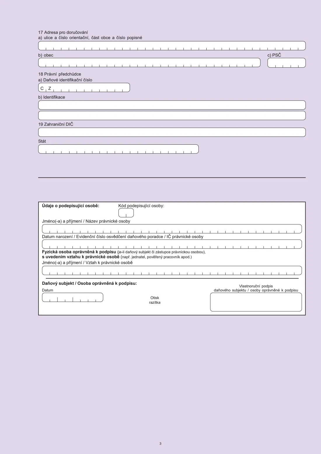 Přihláška k registraci pro fyzické osoby (25 5101) (2026) Registration application for individuals as a payer of tax (Přihláška k registraci pro fyzické osoby) — page 3 of 4