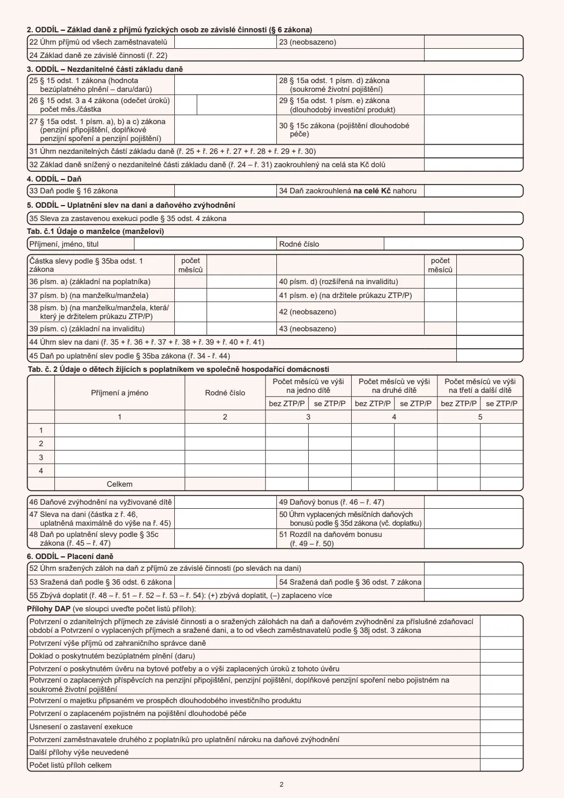 DAP 25 5405/D (2025) — employees' income tax return (2025) Simplified income tax return for employees with Czech employment income only (Přiznání k dani z příjmů fyzických osob pro poplatníky mající pouze příjmy ze závislé činnosti) — page 2 of 2
