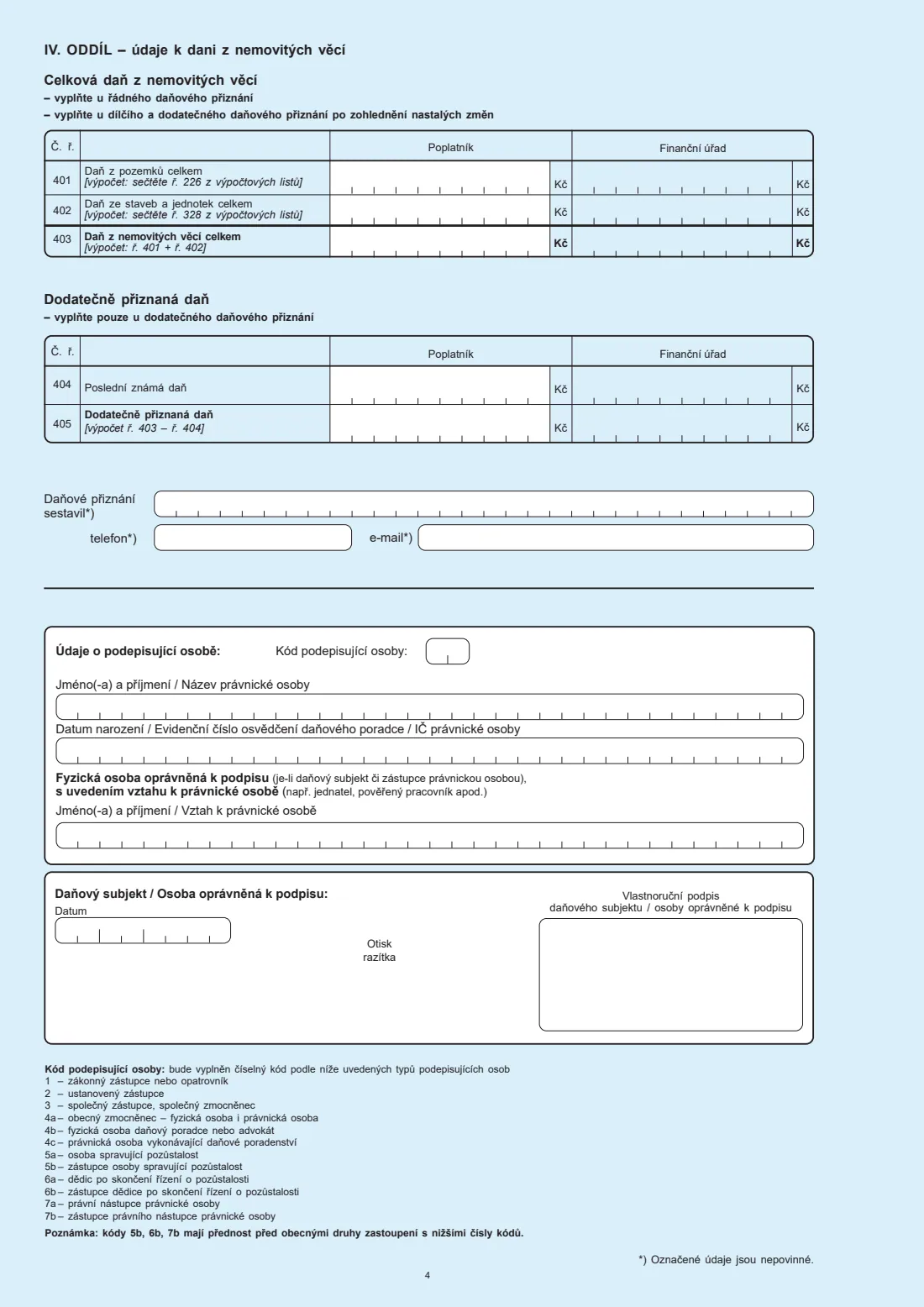 Přiznání k dani z nemovitých věcí (25 5450) (2026) Real-estate tax return (Přiznání k dani z nemovitých věcí) — page 4 of 4