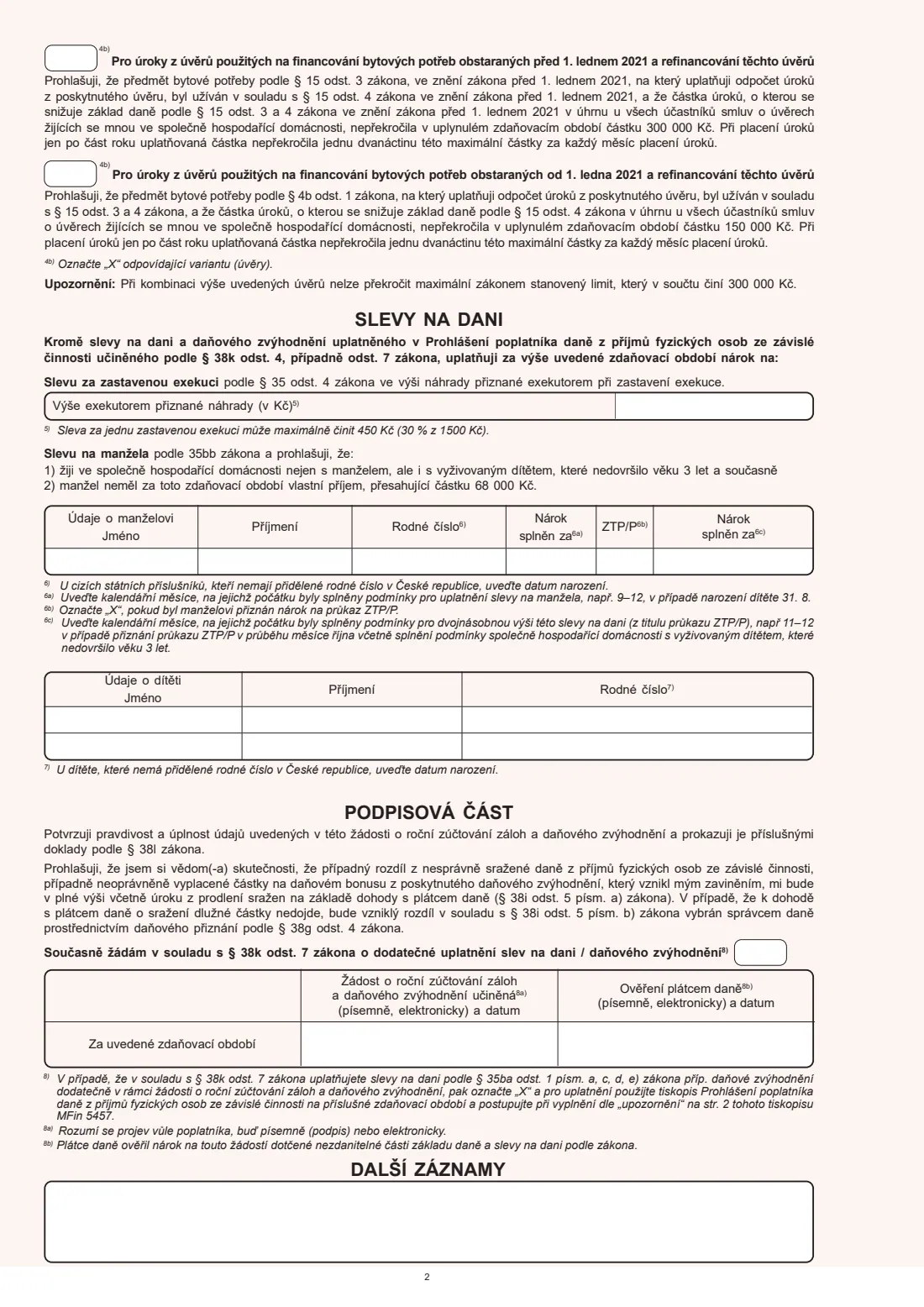 Žádost o roční zúčtování (25 5457/B) (2026) Request for the employer's annual tax reconciliation (Žádost o roční zúčtování záloh a daňového zvýhodnění) — page 2 of 2