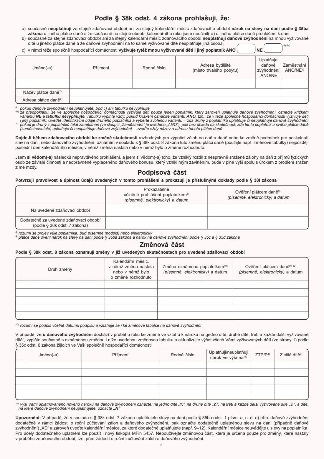 Prohlášení poplatníka (25 5457) (2026) Prohlášení poplatníka daně z příjmů fyzických osob ze závislé činnosti — page 2 of 2