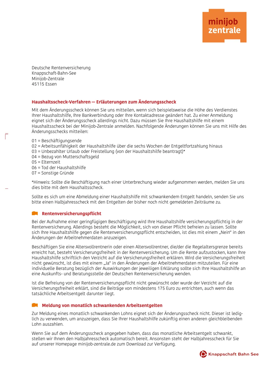 Änderungsscheck (Minijob im Privathaushalt) (2023) Change notification for household mini-job employers (Änderungsscheck für Privathaushalte) — page 2 of 2