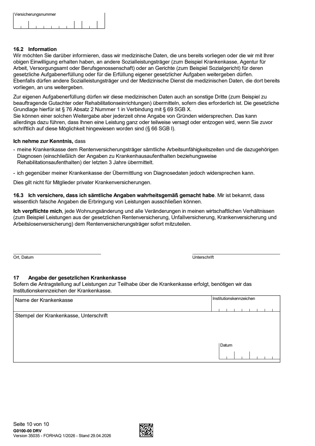 G0100 — Rehabilitationsantrag (2026) Application for rehabilitation benefits (Antrag auf Leistungen zur Teilhabe für Versicherte - Rehabilitationsantrag) — page 10 of 10