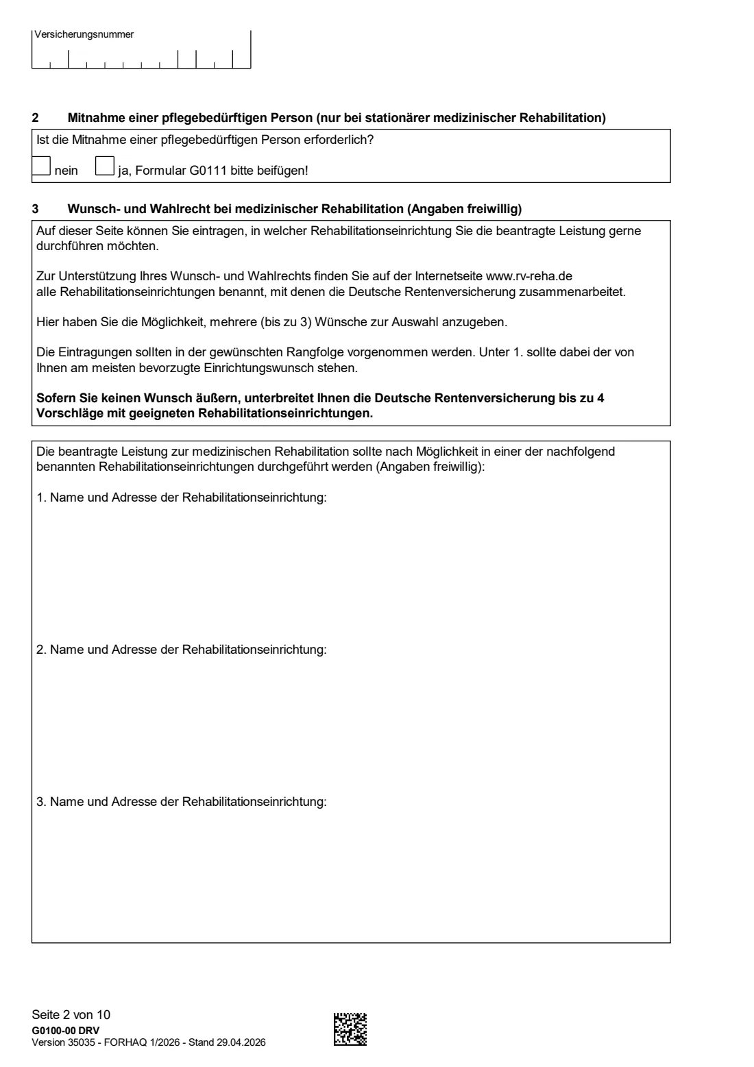 G0100 — Rehabilitationsantrag (2026) Application for rehabilitation benefits (Antrag auf Leistungen zur Teilhabe für Versicherte - Rehabilitationsantrag) — page 2 of 10