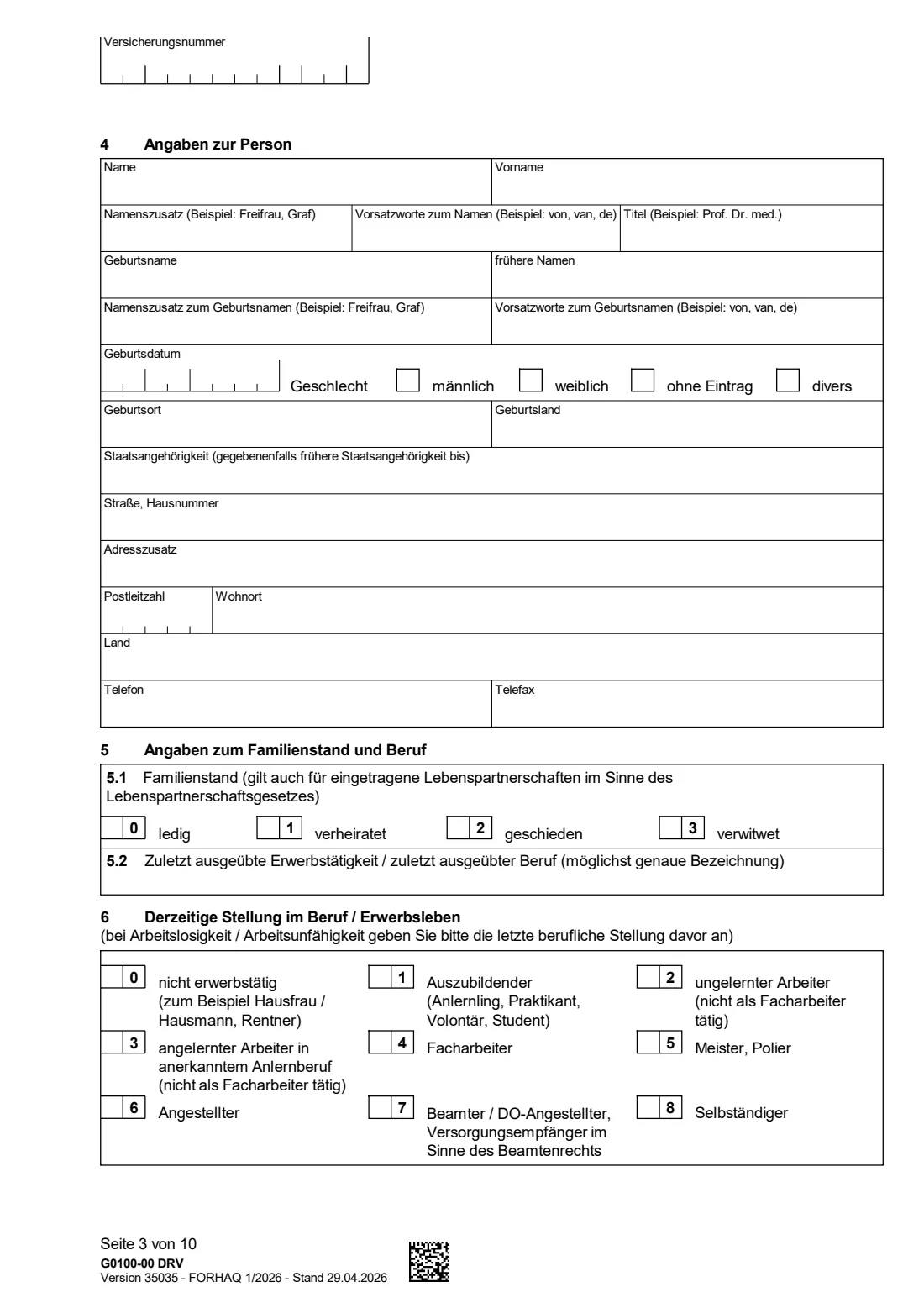 G0100 — Rehabilitationsantrag (2026) Application for rehabilitation benefits (Antrag auf Leistungen zur Teilhabe für Versicherte - Rehabilitationsantrag) — page 3 of 10