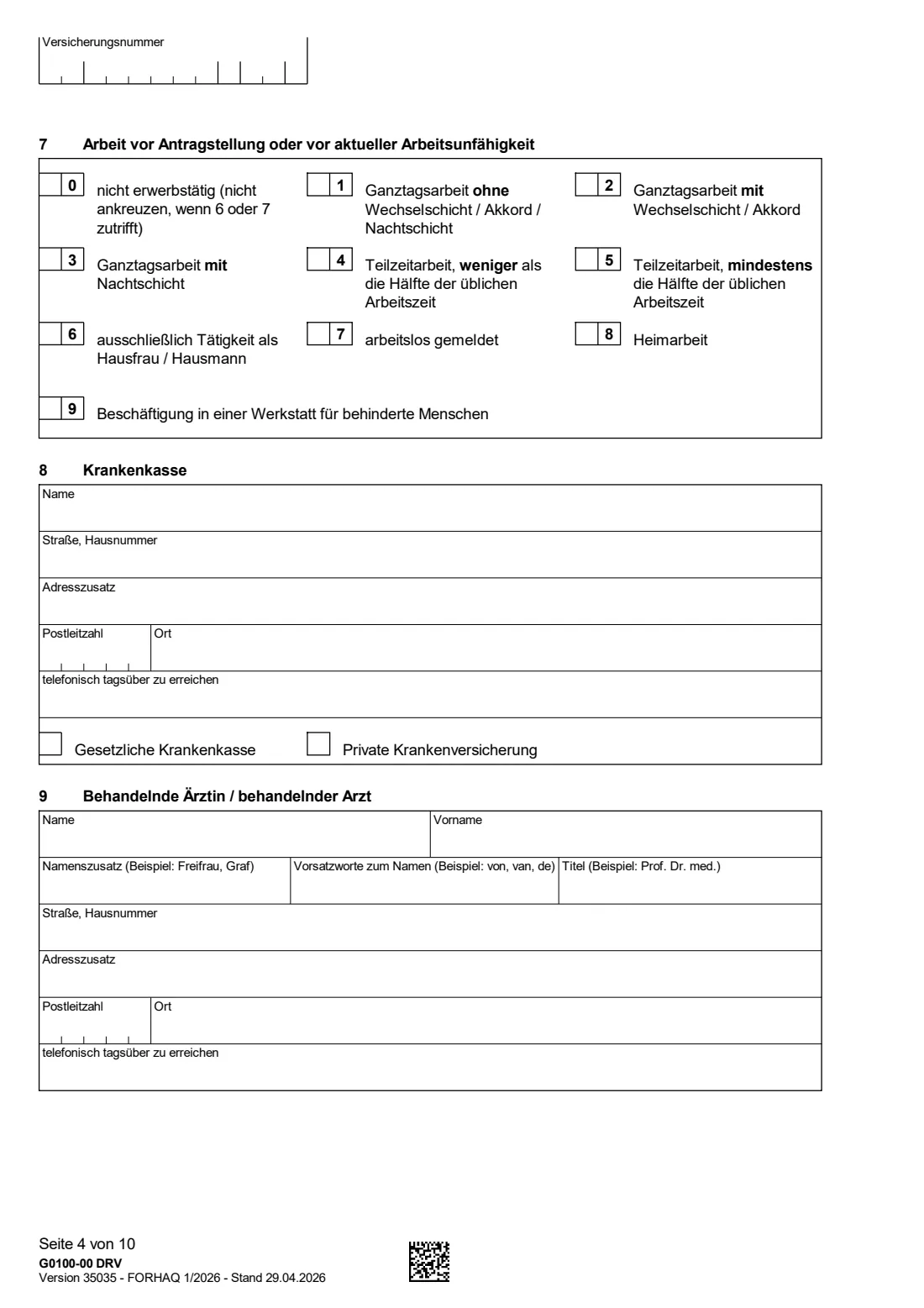 G0100 — Rehabilitationsantrag (2026) Application for rehabilitation benefits (Antrag auf Leistungen zur Teilhabe für Versicherte - Rehabilitationsantrag) — page 4 of 10