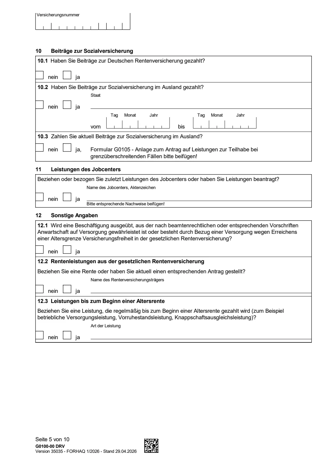 G0100 — Rehabilitationsantrag (2026) Application for rehabilitation benefits (Antrag auf Leistungen zur Teilhabe für Versicherte - Rehabilitationsantrag) — page 5 of 10