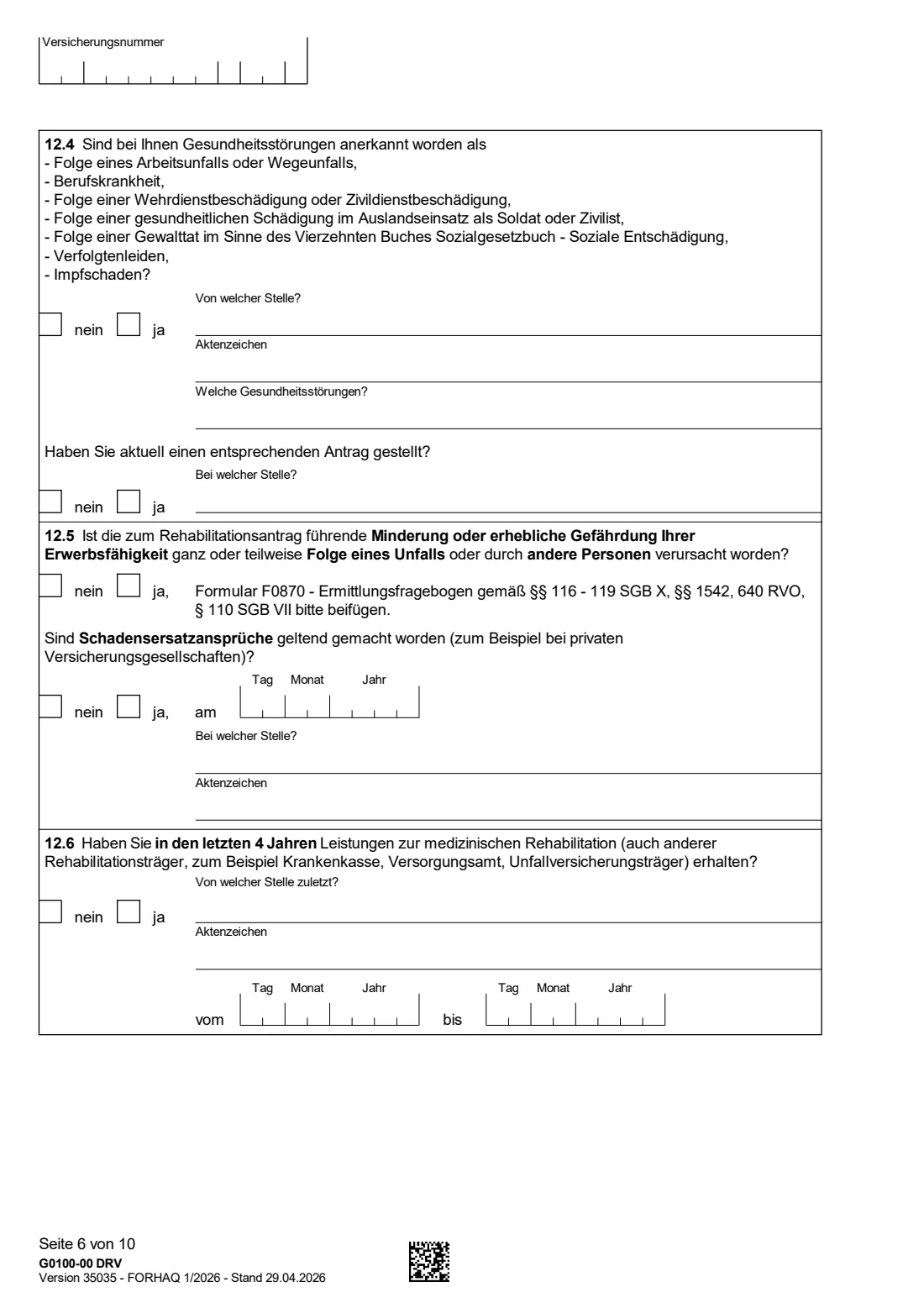 G0100 — Rehabilitationsantrag (2026) Application for rehabilitation benefits (Antrag auf Leistungen zur Teilhabe für Versicherte - Rehabilitationsantrag) — page 6 of 10