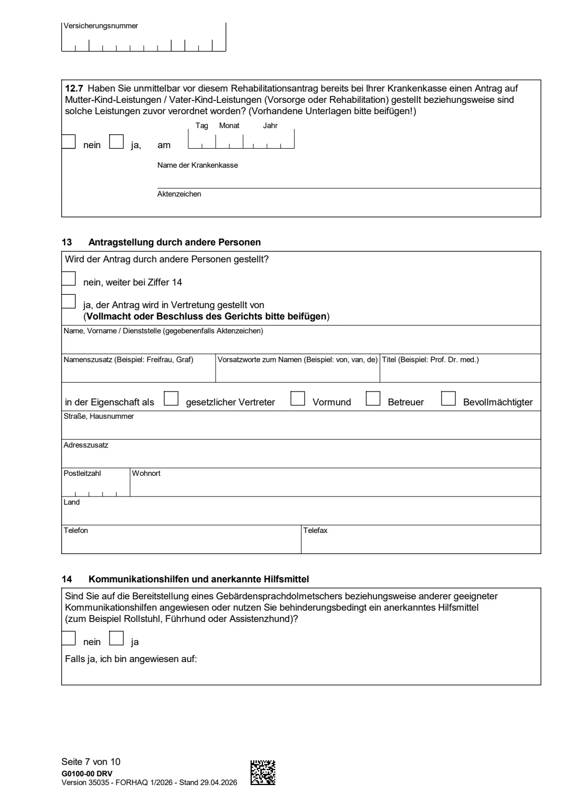 G0100 — Rehabilitationsantrag (2026) Application for rehabilitation benefits (Antrag auf Leistungen zur Teilhabe für Versicherte - Rehabilitationsantrag) — page 7 of 10