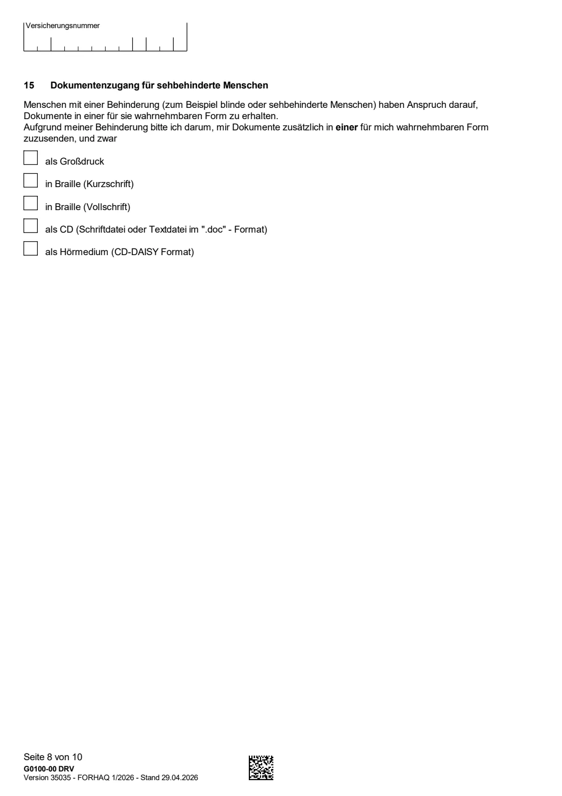 G0100 — Rehabilitationsantrag (2026) Application for rehabilitation benefits (Antrag auf Leistungen zur Teilhabe für Versicherte - Rehabilitationsantrag) — page 8 of 10