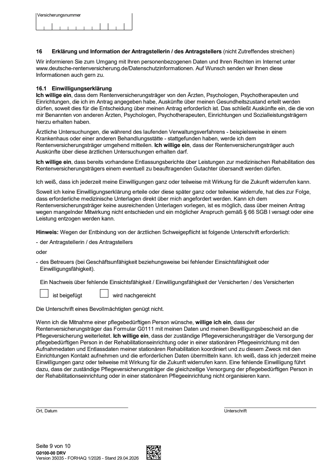 G0100 — Rehabilitationsantrag (2026) Application for rehabilitation benefits (Antrag auf Leistungen zur Teilhabe für Versicherte - Rehabilitationsantrag) — page 9 of 10