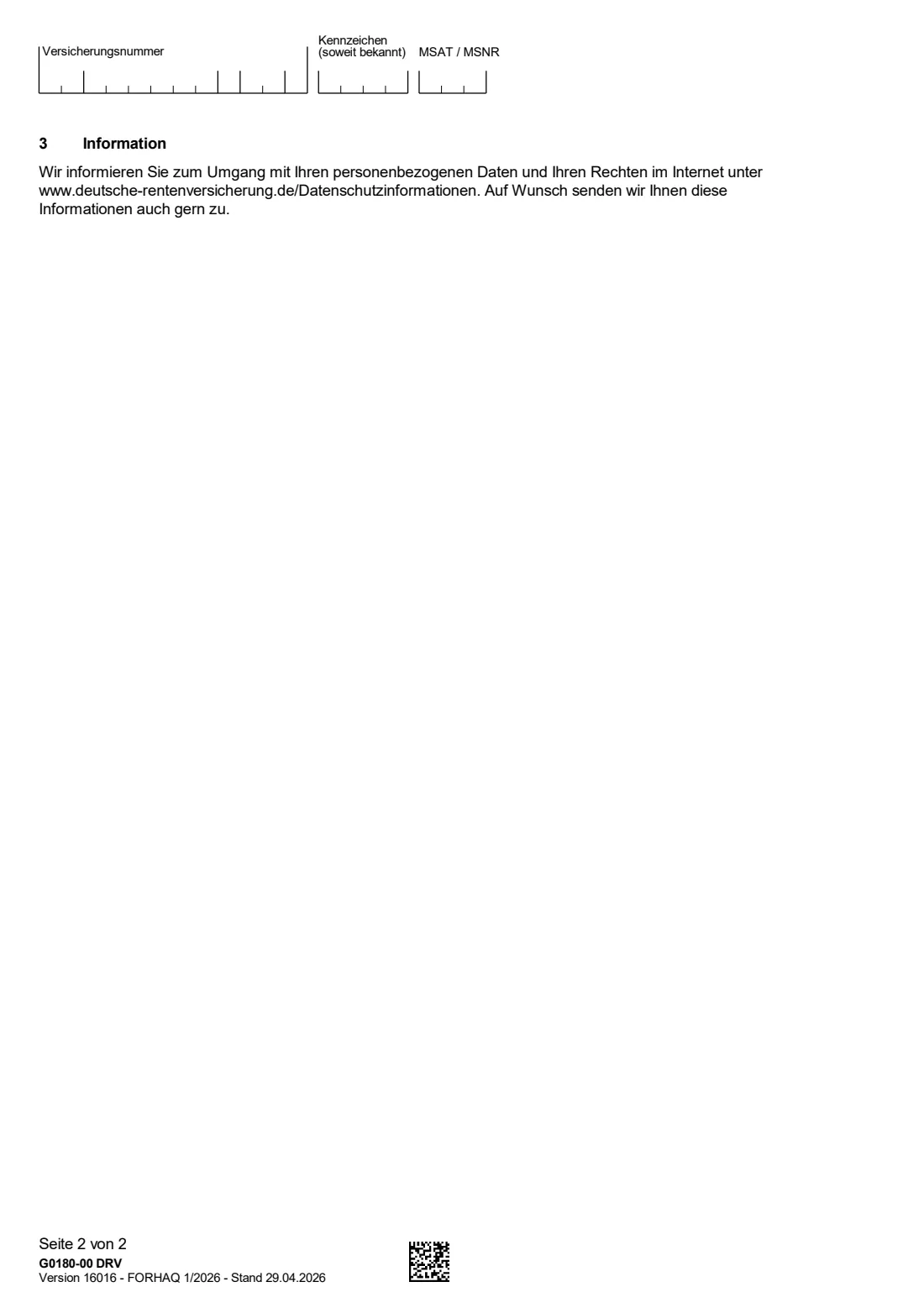 G0180 — Antrag auf RV Fit (2026) Application for RV Fit, the pension insurance prevention programme (Antrag auf RV Fit — Prävention) — page 2 of 2