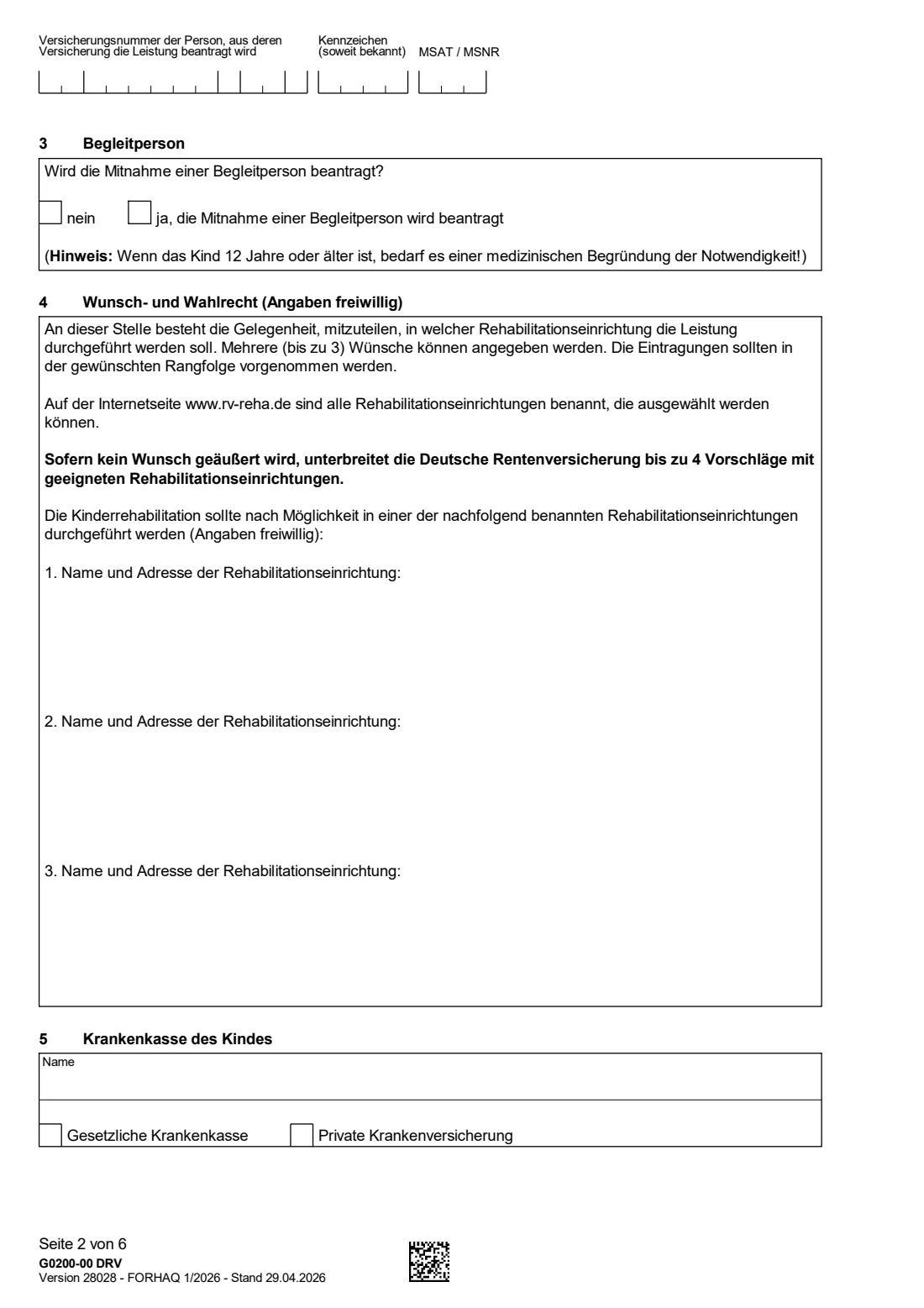G0200 — Kinderrehabilitation (2026) Application for rehabilitation for children and young people (Antrag auf Leistungen zur Rehabilitation für Kinder und Jugendliche — Kinderrehabilitation) — page 2 of 6