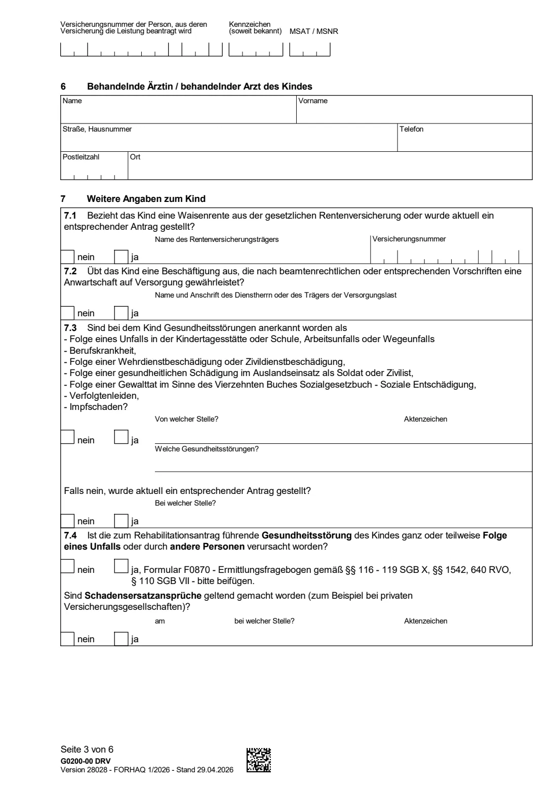 G0200 — Kinderrehabilitation (2026) Application for rehabilitation for children and young people (Antrag auf Leistungen zur Rehabilitation für Kinder und Jugendliche — Kinderrehabilitation) — page 3 of 6
