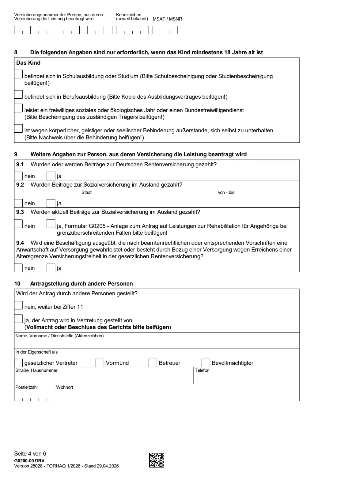 G0200 — Kinderrehabilitation (2026) Application for rehabilitation for children and young people (Antrag auf Leistungen zur Rehabilitation für Kinder und Jugendliche — Kinderrehabilitation) — page 4 of 6