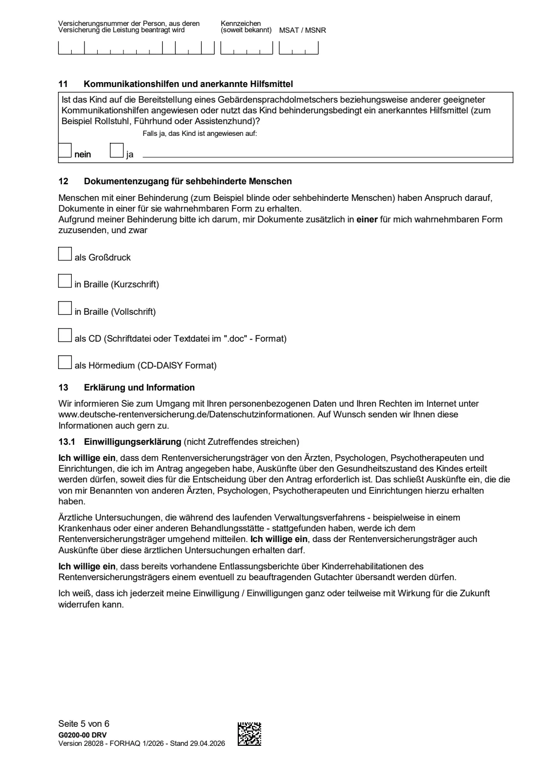 G0200 — Kinderrehabilitation (2026) Application for rehabilitation for children and young people (Antrag auf Leistungen zur Rehabilitation für Kinder und Jugendliche — Kinderrehabilitation) — page 5 of 6