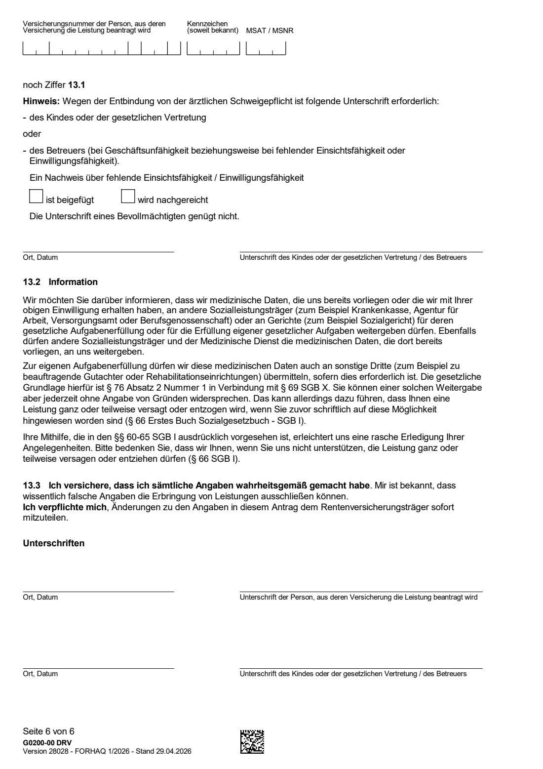 G0200 — Kinderrehabilitation (2026) Application for rehabilitation for children and young people (Antrag auf Leistungen zur Rehabilitation für Kinder und Jugendliche — Kinderrehabilitation) — page 6 of 6