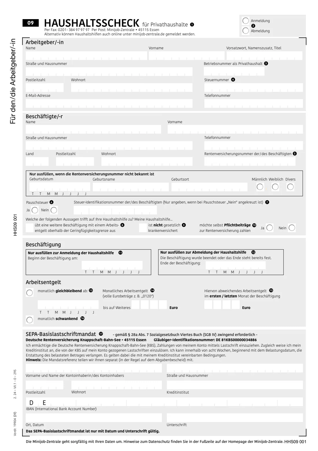 Haushaltsscheck (Minijob im Privathaushalt) (2024) Haushaltsscheck — registering (or deregistering) a mini-job household employee with the Minijob-Zentrale — page 3 of 6