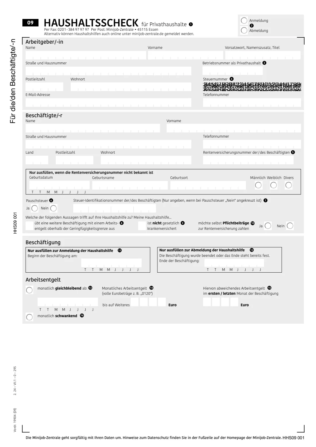 Haushaltsscheck (Minijob im Privathaushalt) (2024) Haushaltsscheck — registering (or deregistering) a mini-job household employee with the Minijob-Zentrale — page 4 of 6